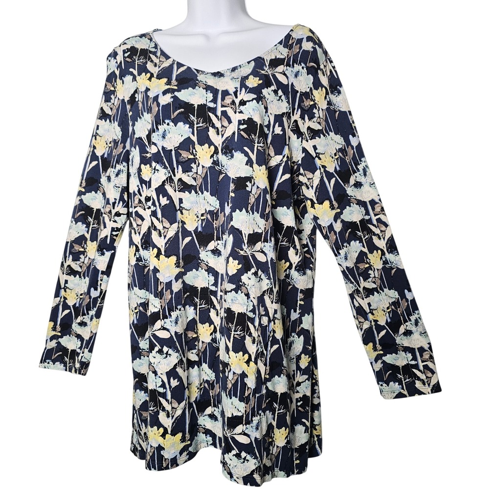 Pure Jill‎ Womens XL Floral Tunic Top Navy Blue Cotton Modal Kangaroo Pocket